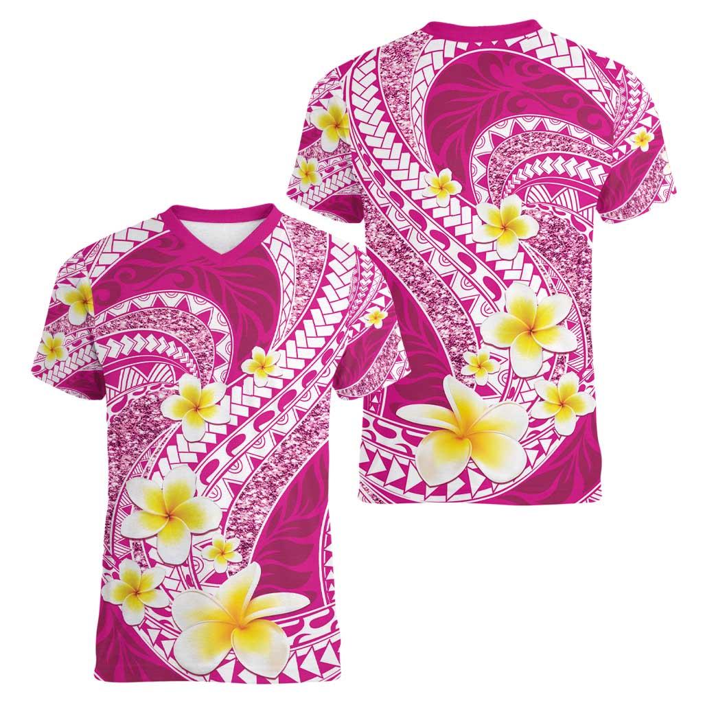 Plumeria Polynesian Pink Glitter Pattern Women V-Neck T-Shirt LT01 - Polynesian Pride