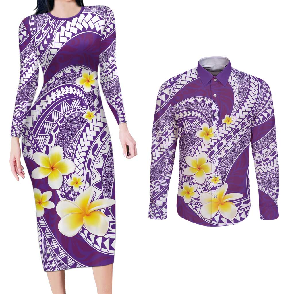 Plumeria Polynesian Purple Glitter Pattern Couples Matching Long Sleeve Bodycon Dress and Long Sleeve Button Shirt LT01 Purple - Polynesian Pride