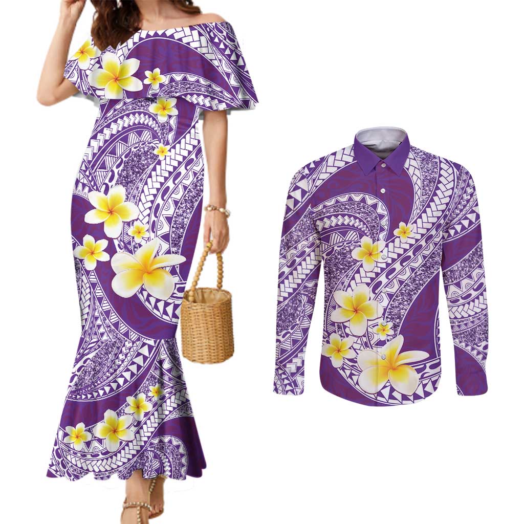 Plumeria Polynesian Purple Glitter Pattern Couples Matching Mermaid Dress and Long Sleeve Button Shirt LT01 Purple - Polynesian Pride