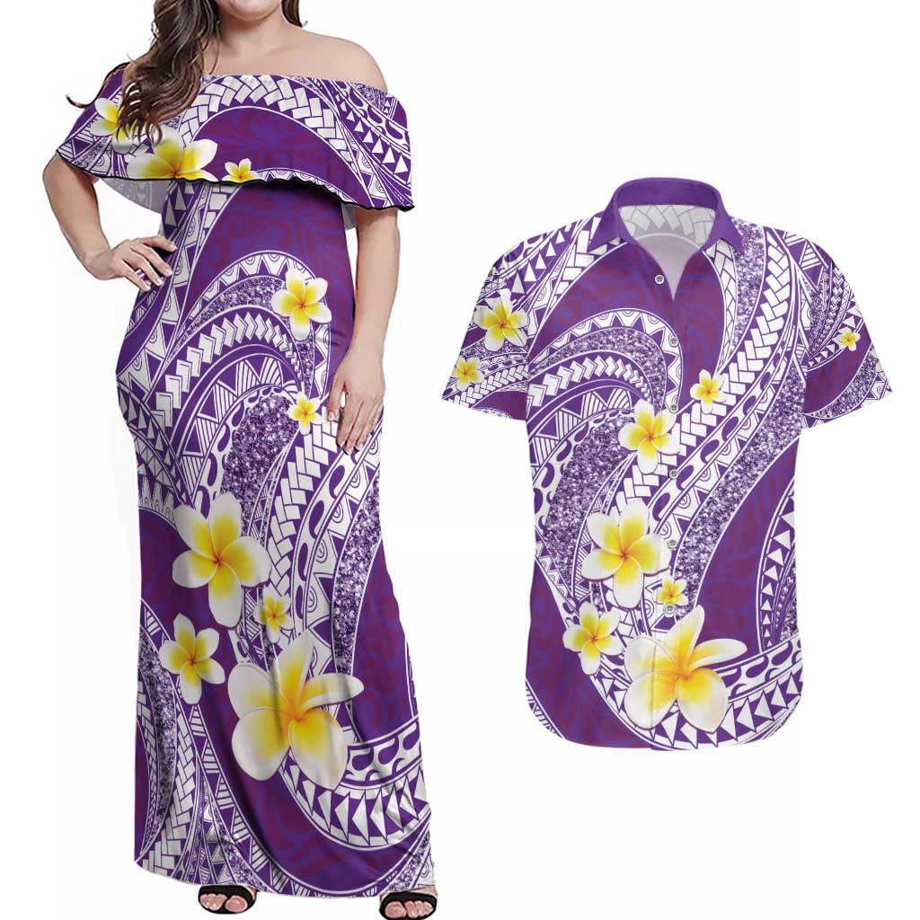 Plumeria Polynesian Purple Glitter Pattern Couples Matching Off Shoulder Maxi Dress and Hawaiian Shirt LT01 Purple - Polynesian Pride