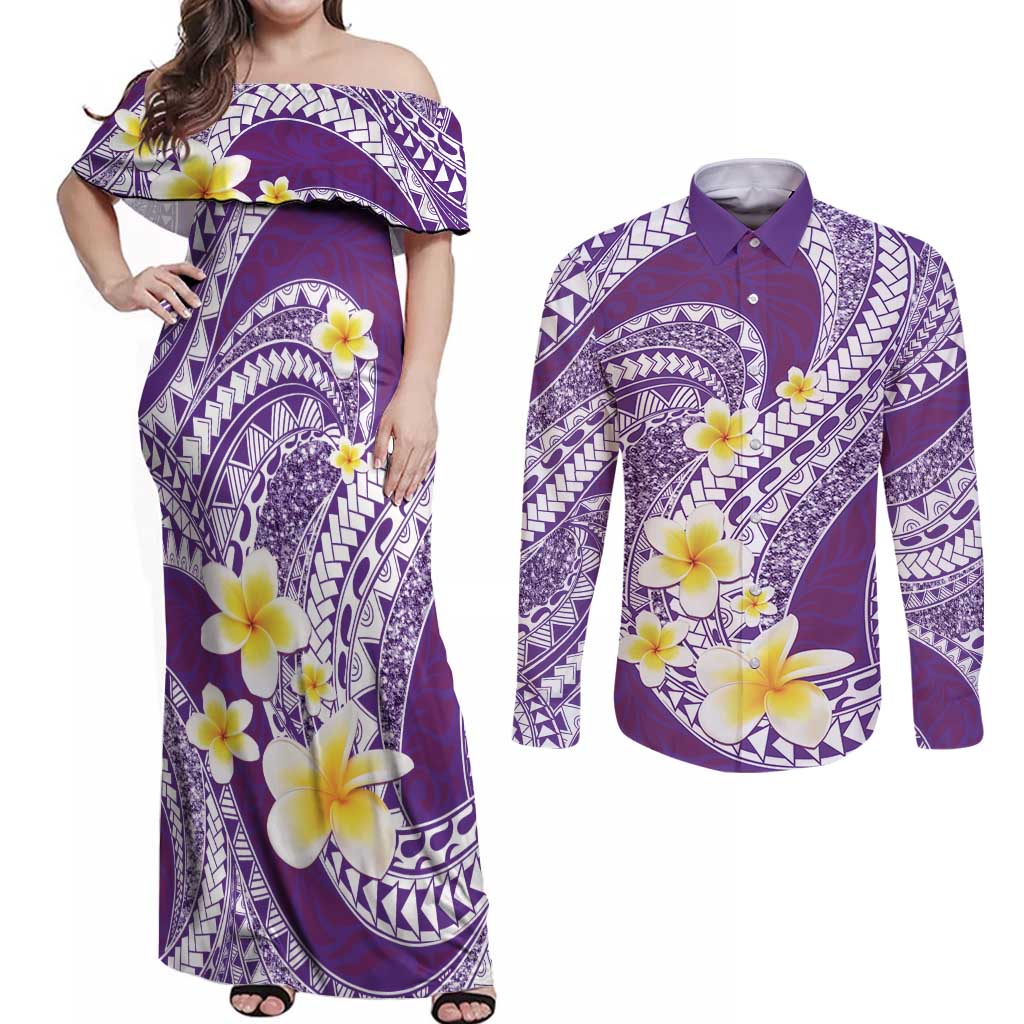 Plumeria Polynesian Purple Glitter Pattern Couples Matching Off Shoulder Maxi Dress and Long Sleeve Button Shirt LT01 Purple - Polynesian Pride
