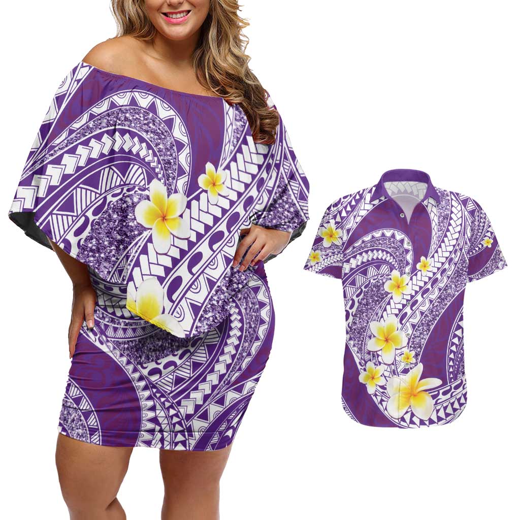 Plumeria Polynesian Purple Glitter Pattern Couples Matching Off Shoulder Short Dress and Hawaiian Shirt LT01 Purple - Polynesian Pride
