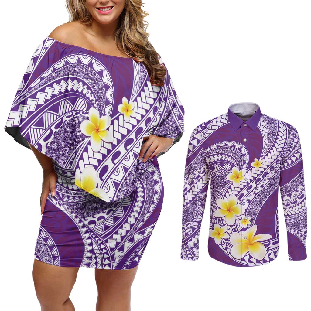 Plumeria Polynesian Purple Glitter Pattern Couples Matching Off Shoulder Short Dress and Long Sleeve Button Shirt LT01 Purple - Polynesian Pride