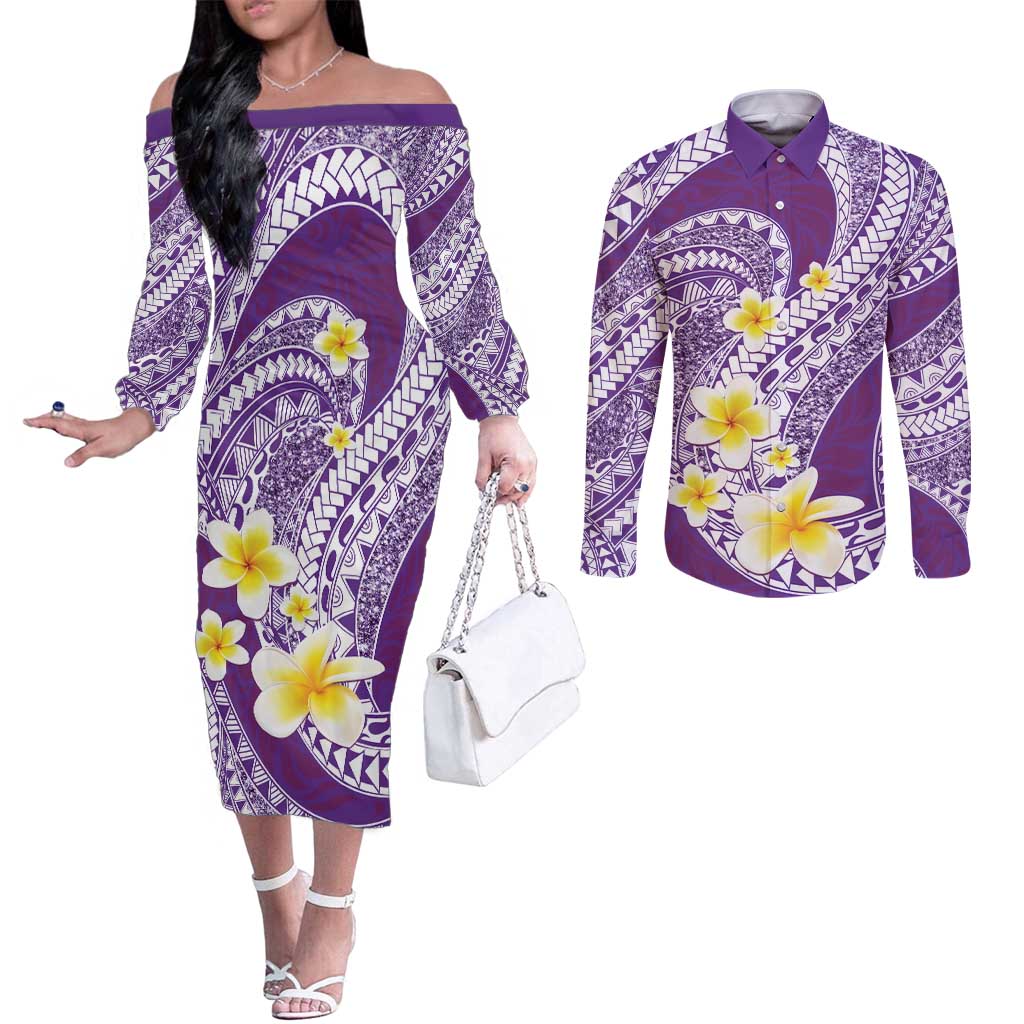 Plumeria Polynesian Purple Glitter Pattern Couples Matching Off The Shoulder Long Sleeve Dress and Long Sleeve Button Shirt LT01 Purple - Polynesian Pride