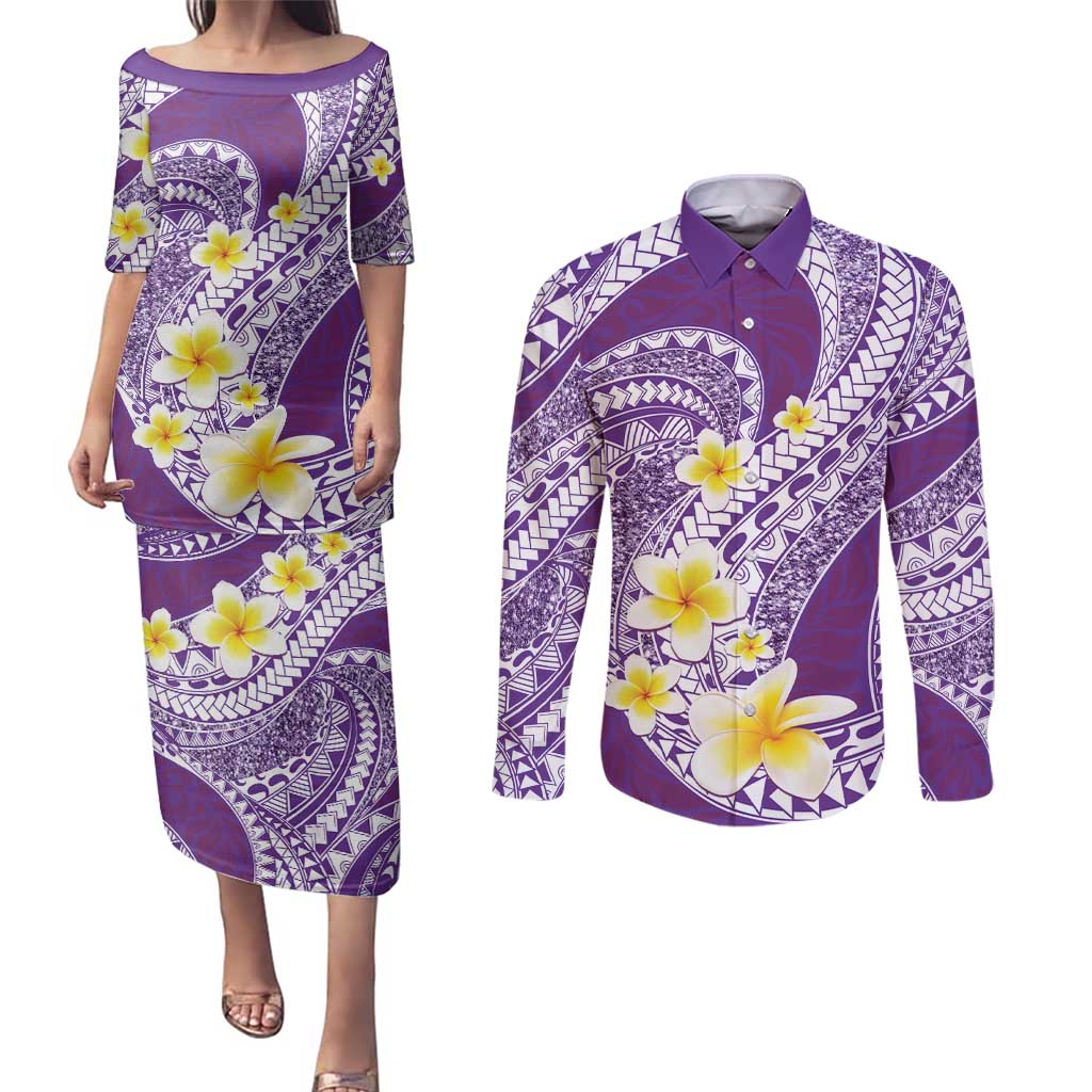 Plumeria Polynesian Purple Glitter Pattern Couples Matching Puletasi and Long Sleeve Button Shirt LT01 Purple - Polynesian Pride