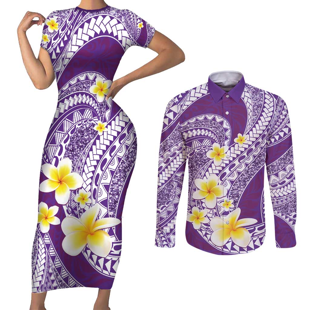 Plumeria Polynesian Purple Glitter Pattern Couples Matching Short Sleeve Bodycon Dress and Long Sleeve Button Shirt