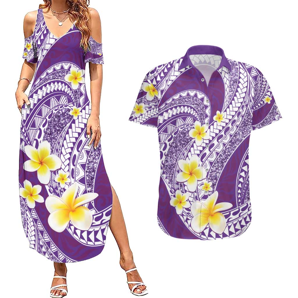 Plumeria Polynesian Purple Glitter Pattern Couples Matching Summer Maxi Dress and Hawaiian Shirt LT01 Purple - Polynesian Pride