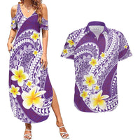 Plumeria Polynesian Purple Glitter Pattern Couples Matching Summer Maxi Dress and Hawaiian Shirt LT01 Purple - Polynesian Pride