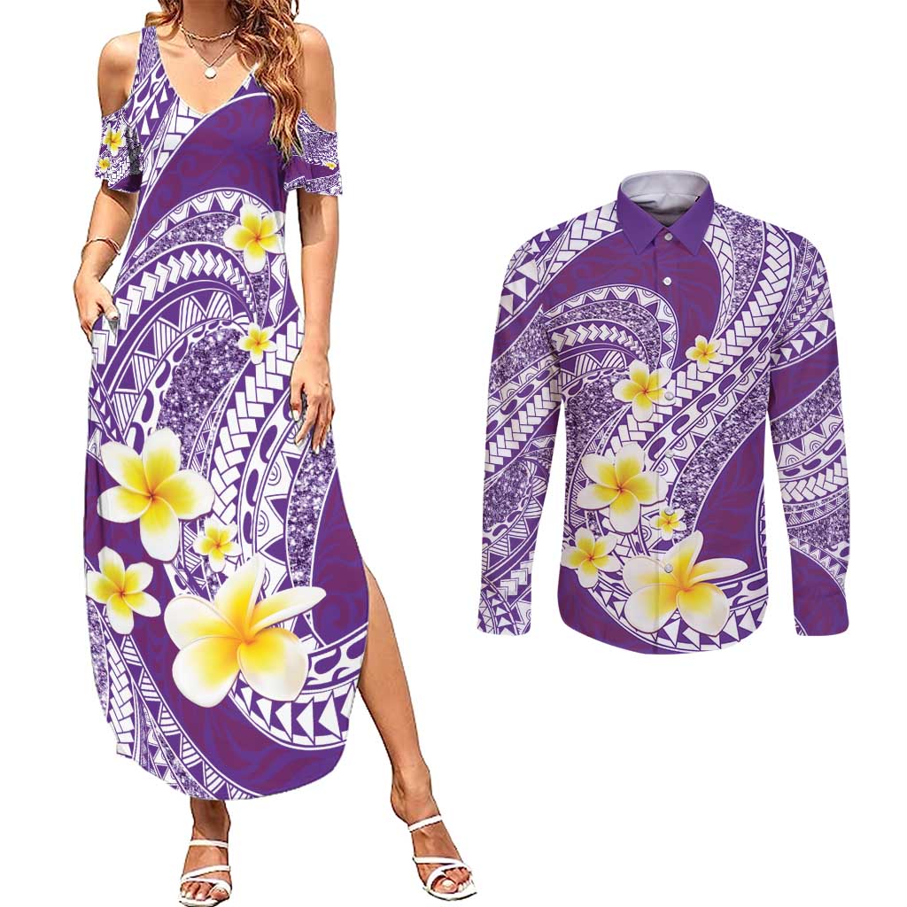 Plumeria Polynesian Purple Glitter Pattern Couples Matching Summer Maxi Dress and Long Sleeve Button Shirt LT01 Purple - Polynesian Pride
