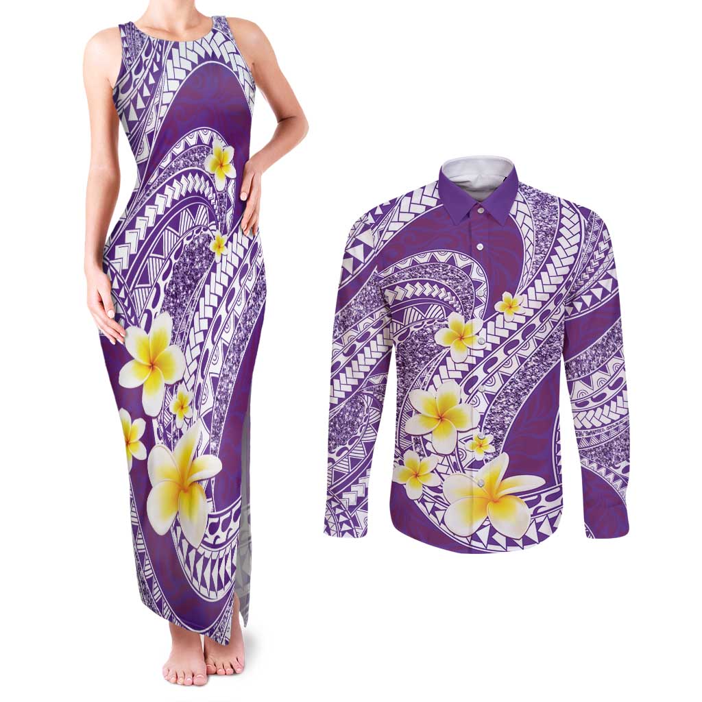 Plumeria Polynesian Purple Glitter Pattern Couples Matching Tank Maxi Dress and Long Sleeve Button Shirt LT01 Purple - Polynesian Pride