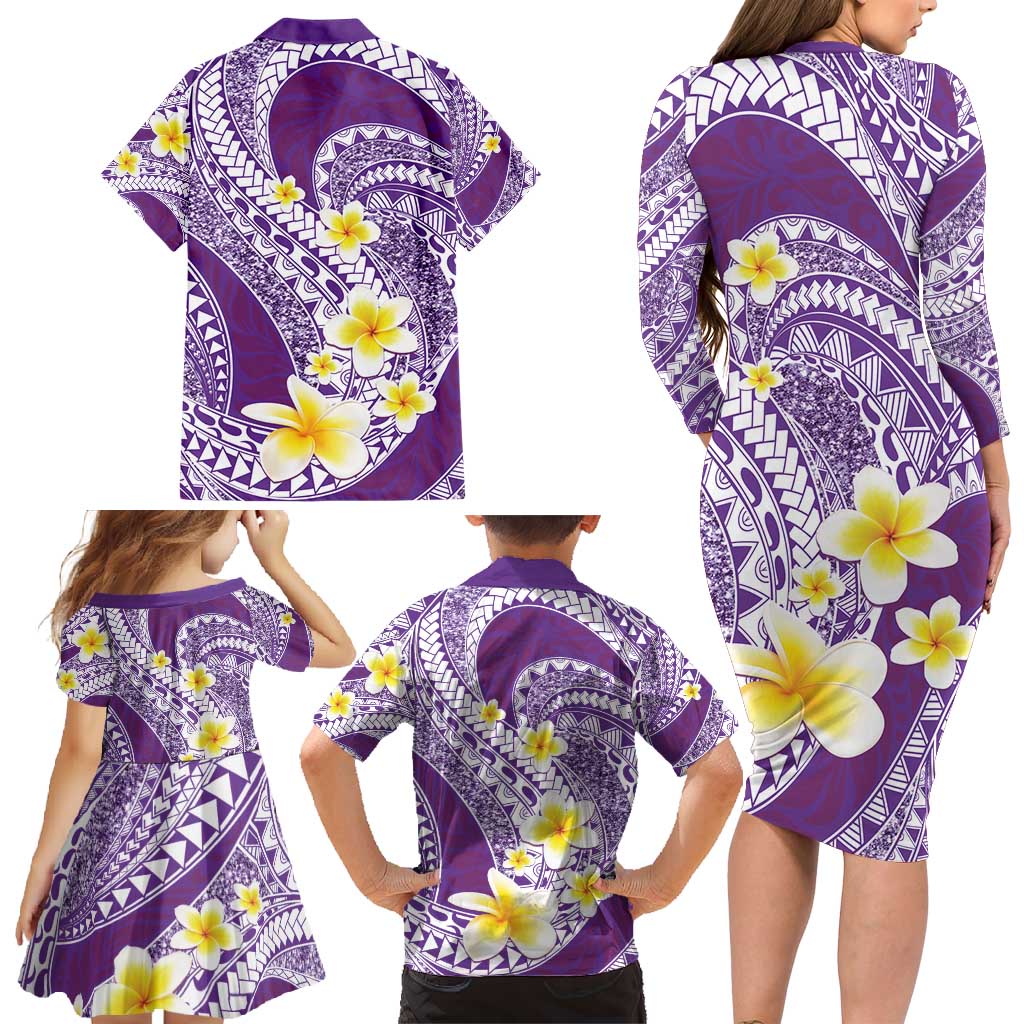 Plumeria Polynesian Purple Glitter Pattern Family Matching Long Sleeve Bodycon Dress and Hawaiian Shirt LT01 - Polynesian Pride