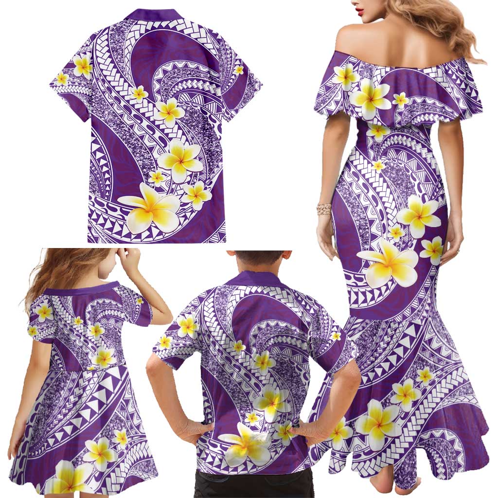 Plumeria Polynesian Purple Glitter Pattern Family Matching Mermaid Dress and Hawaiian Shirt LT01 - Polynesian Pride