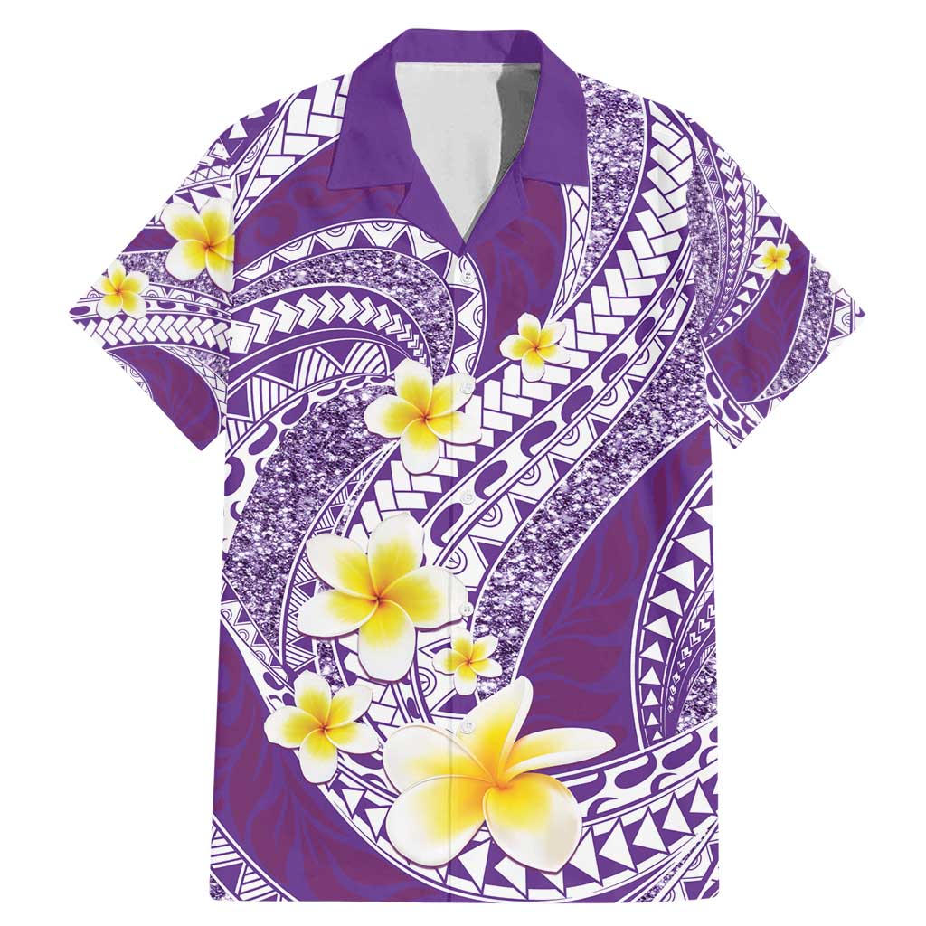 Plumeria Polynesian Purple Glitter Pattern Family Matching Mermaid Dress and Hawaiian Shirt LT01 Dad's Shirt - Short Sleeve Purple - Polynesian Pride