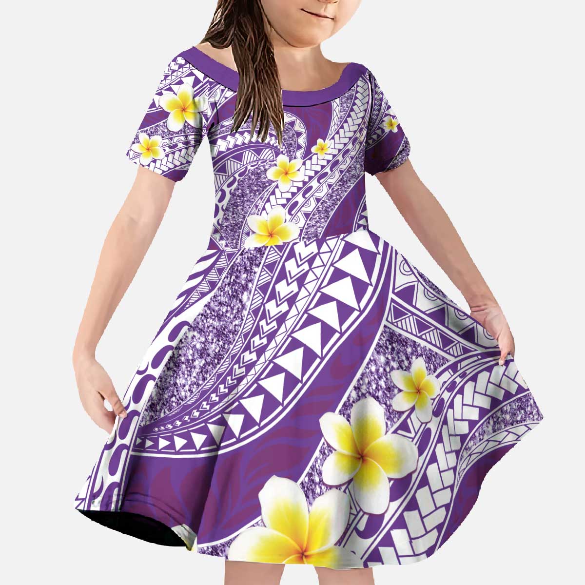 Plumeria Polynesian Purple Glitter Pattern Family Matching Off The Shoulder Long Sleeve Dress and Hawaiian Shirt LT01 Daughter's Dress Purple - Polynesian Pride