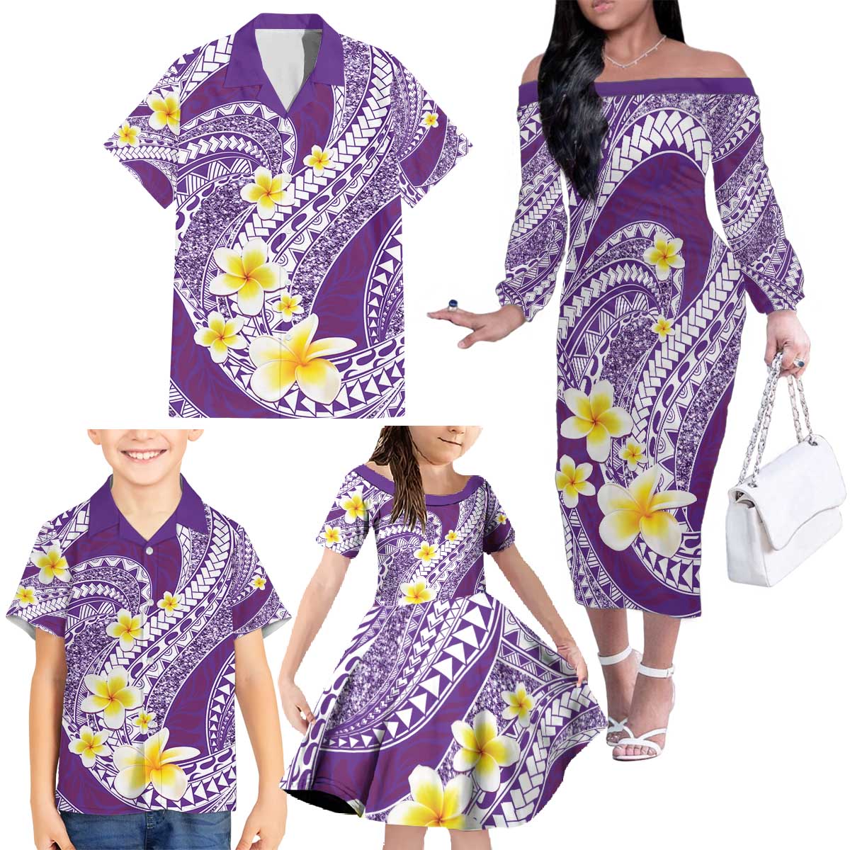 Plumeria Polynesian Purple Glitter Pattern Family Matching Off The Shoulder Long Sleeve Dress and Hawaiian Shirt LT01 - Polynesian Pride
