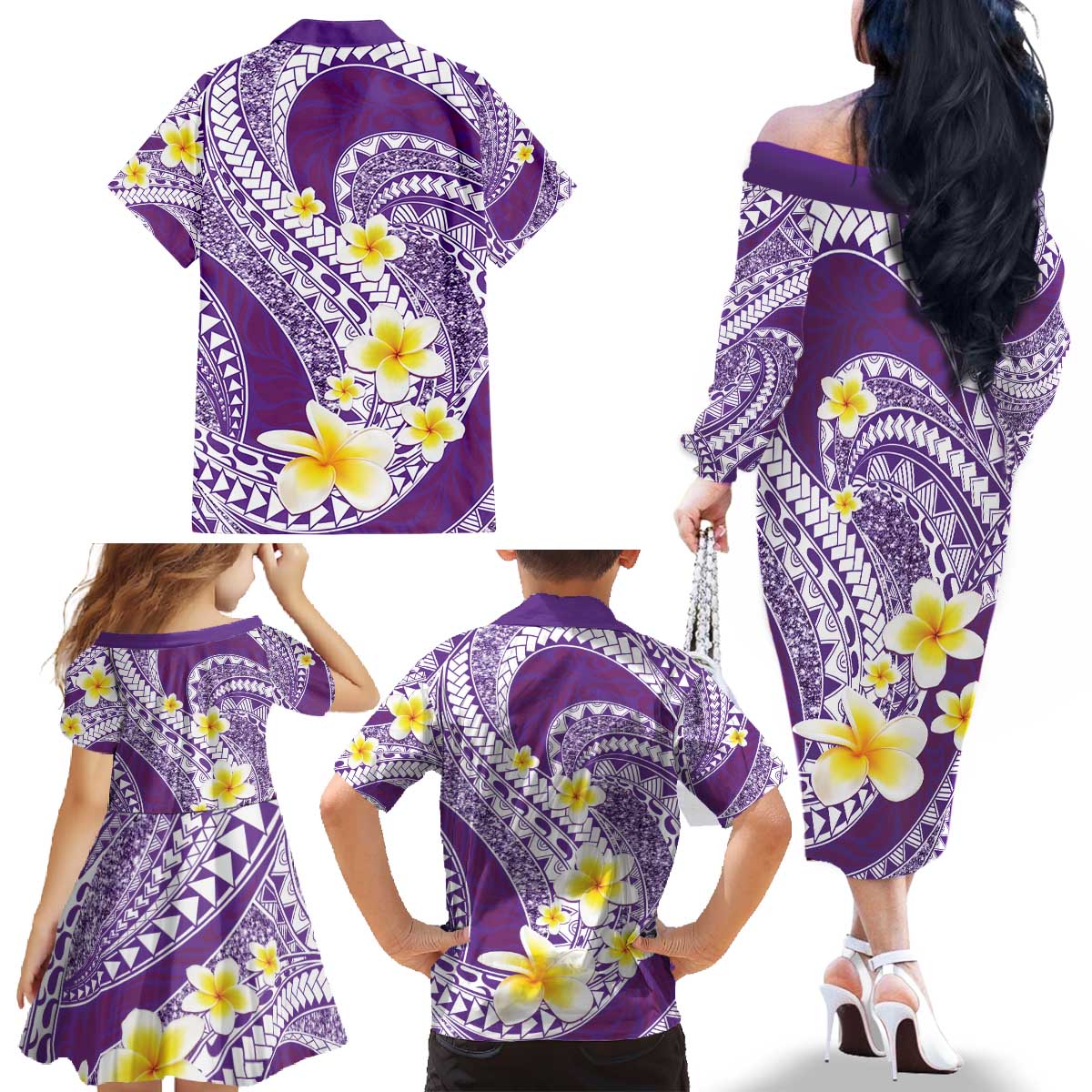 Plumeria Polynesian Purple Glitter Pattern Family Matching Off The Shoulder Long Sleeve Dress and Hawaiian Shirt LT01 - Polynesian Pride