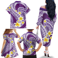 Plumeria Polynesian Purple Glitter Pattern Family Matching Off The Shoulder Long Sleeve Dress and Hawaiian Shirt LT01 - Polynesian Pride