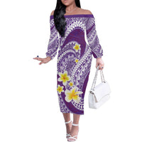 Plumeria Polynesian Purple Glitter Pattern Family Matching Off The Shoulder Long Sleeve Dress and Hawaiian Shirt LT01 Mom's Dress Purple - Polynesian Pride