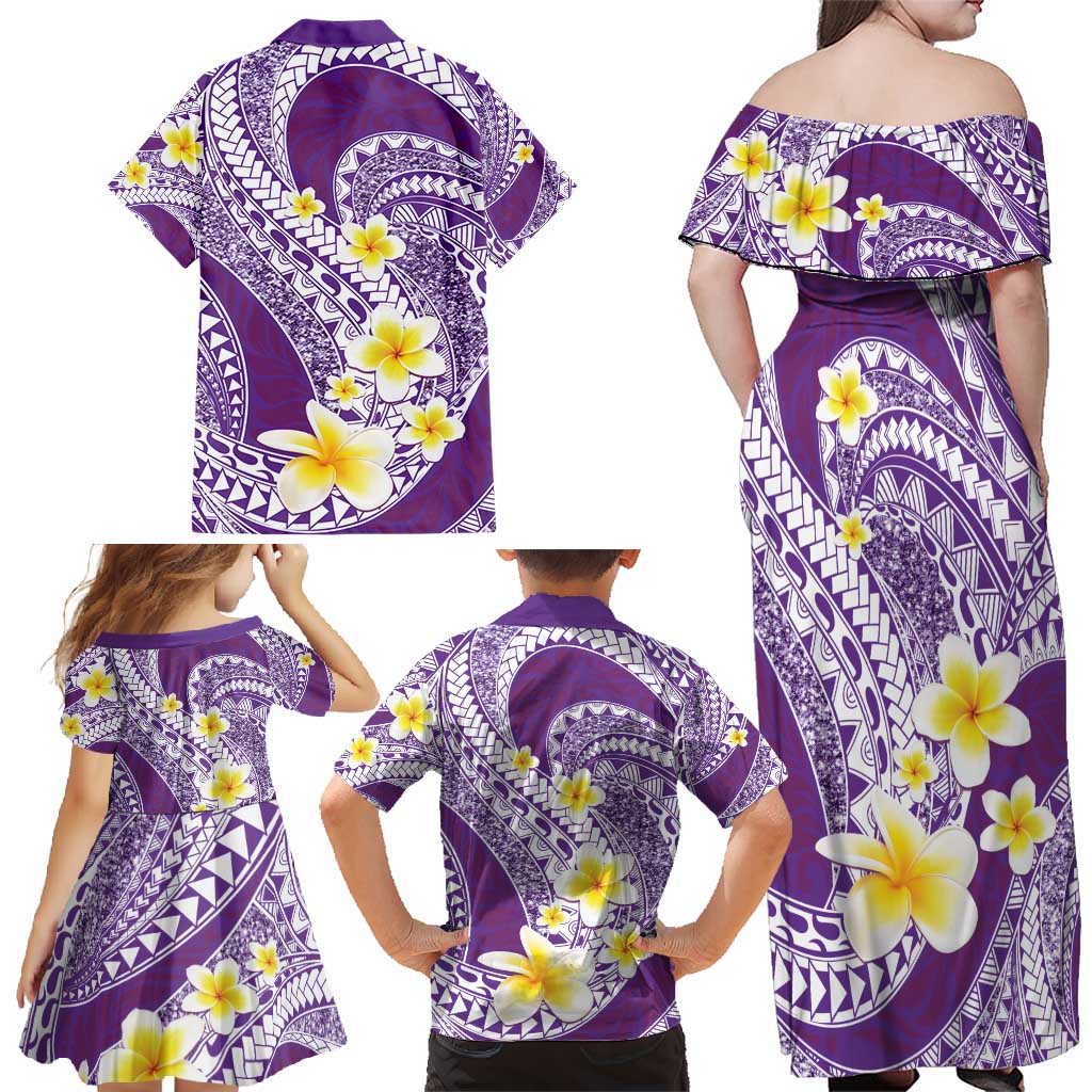 Plumeria Polynesian Purple Glitter Pattern Family Matching Off Shoulder Maxi Dress and Hawaiian Shirt LT01 - Polynesian Pride