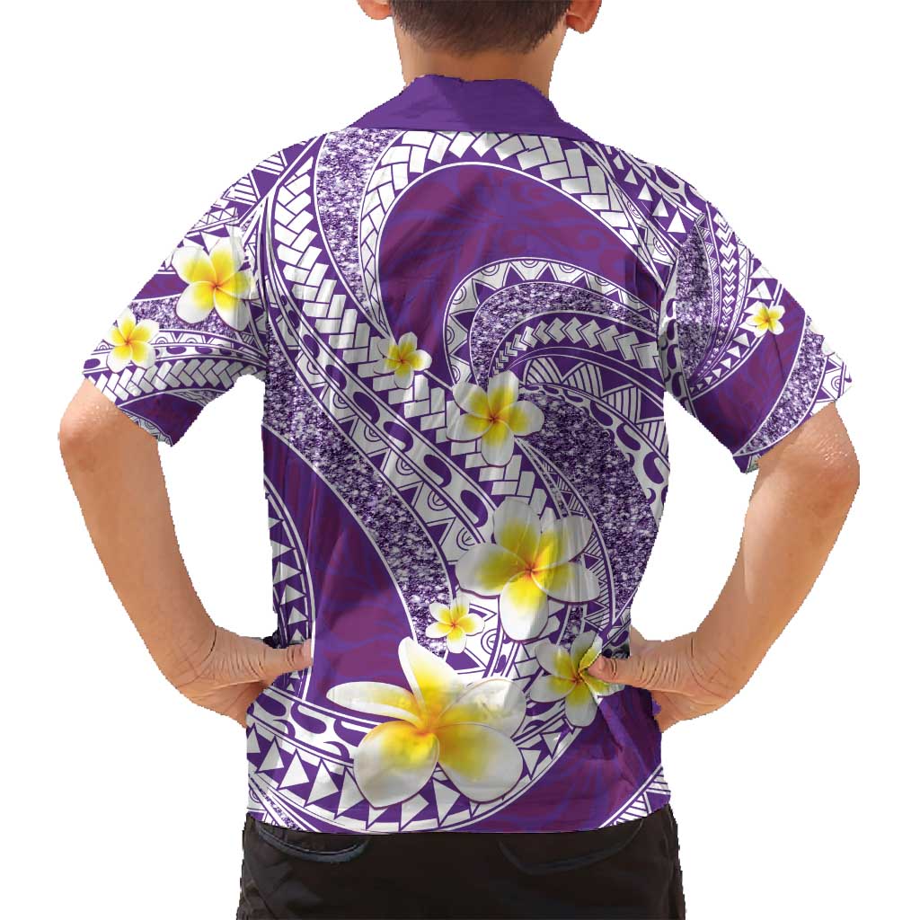 Plumeria Polynesian Purple Glitter Pattern Family Matching Off Shoulder Short Dress and Hawaiian Shirt LT01 - Polynesian Pride