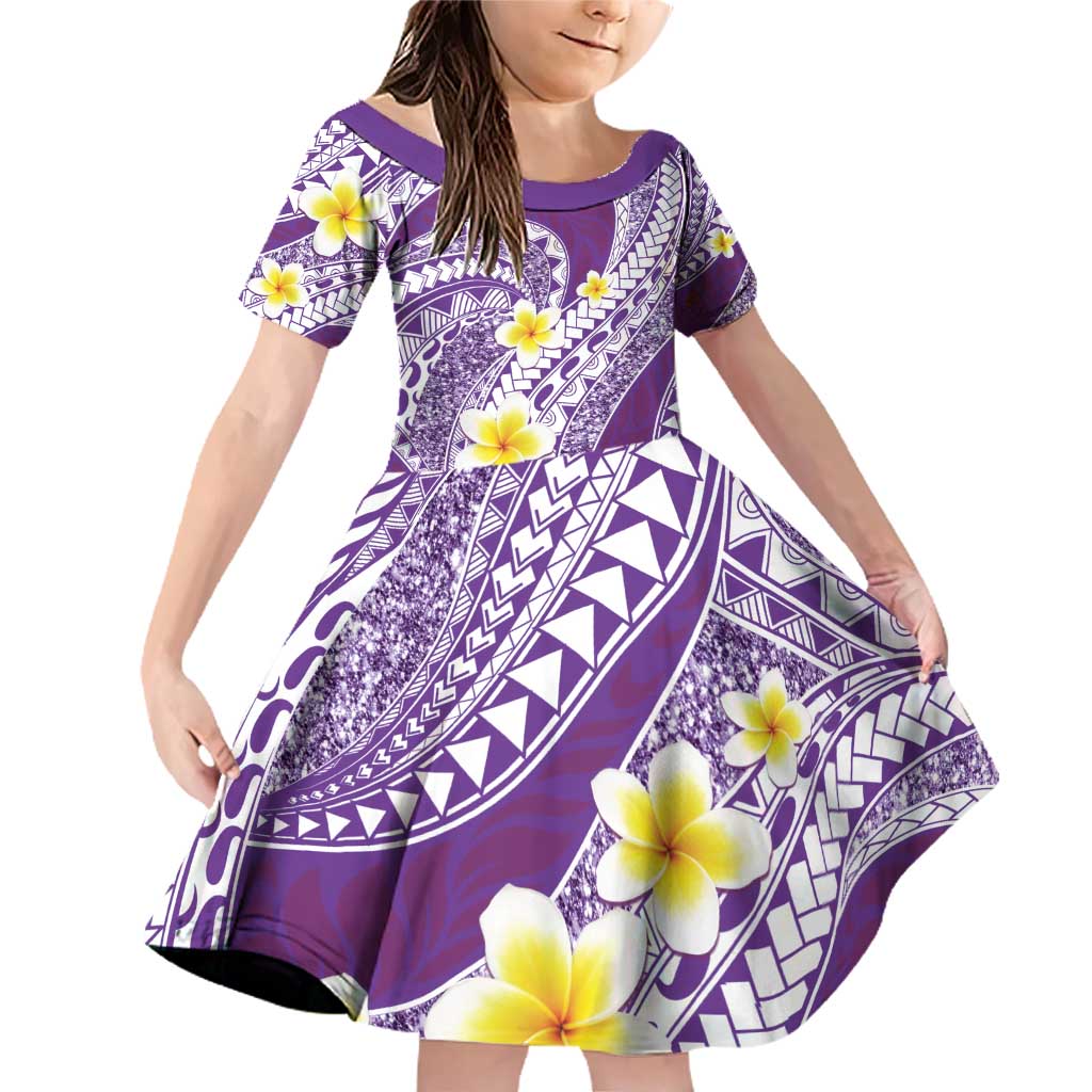 Plumeria Polynesian Purple Glitter Pattern Family Matching Off Shoulder Short Dress and Hawaiian Shirt LT01 Daughter's Dress Purple - Polynesian Pride