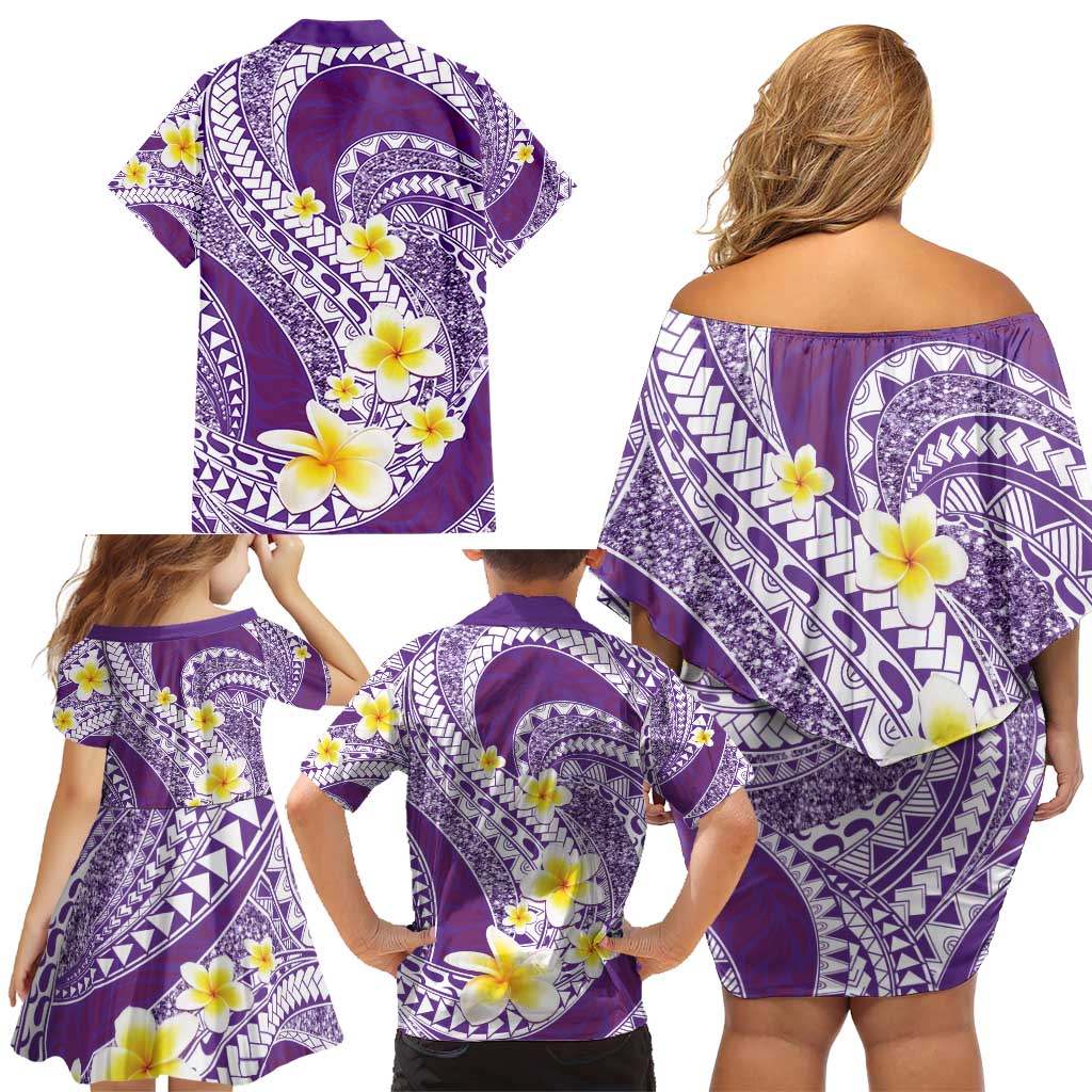 Plumeria Polynesian Purple Glitter Pattern Family Matching Off Shoulder Short Dress and Hawaiian Shirt LT01 - Polynesian Pride