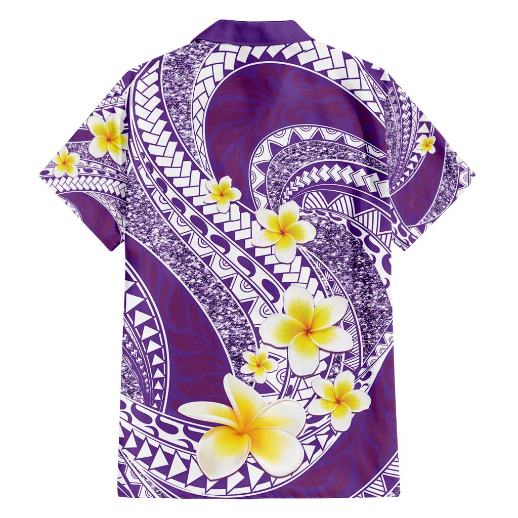 Plumeria Polynesian Purple Glitter Pattern Family Matching Off Shoulder Short Dress and Hawaiian Shirt LT01 - Polynesian Pride