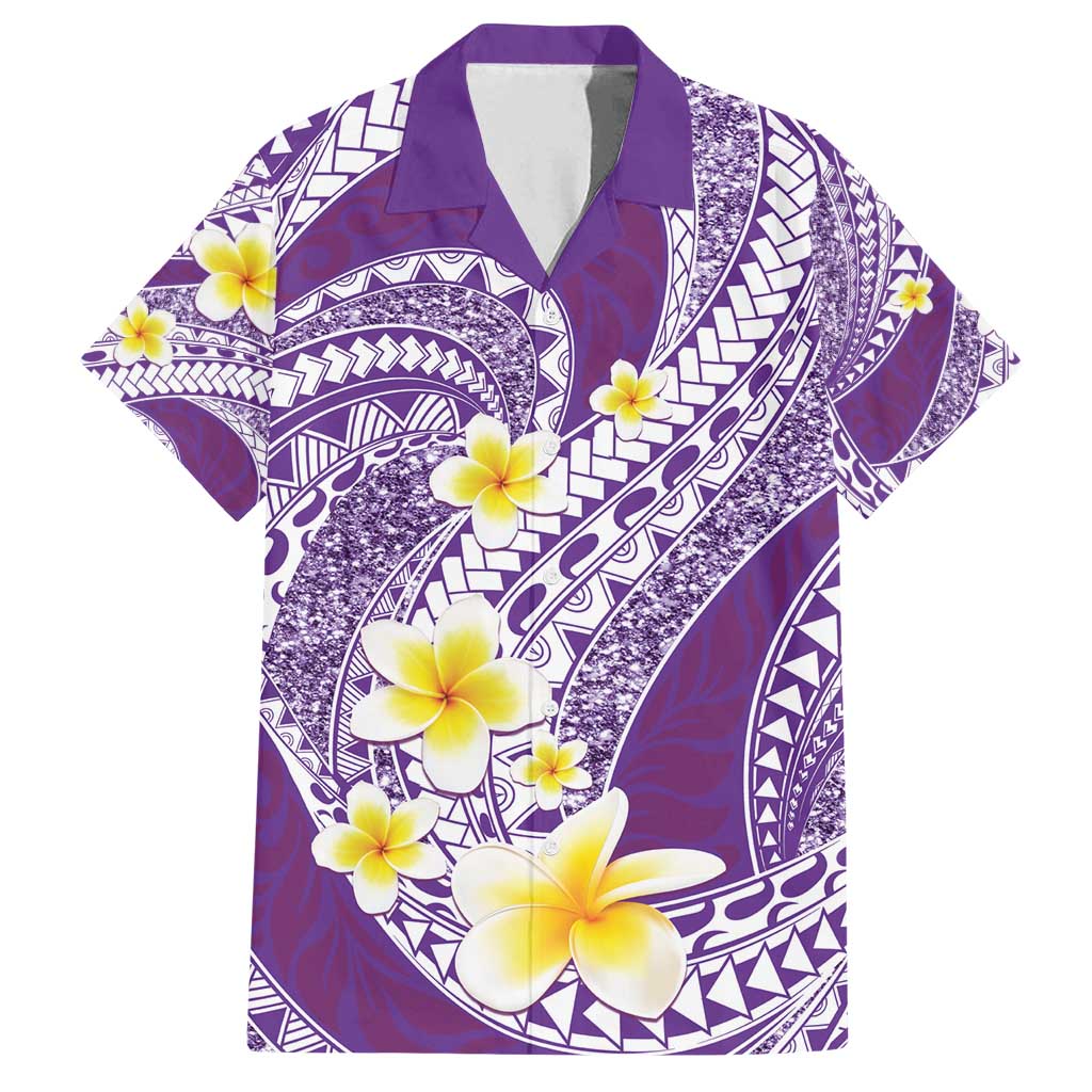 Plumeria Polynesian Purple Glitter Pattern Family Matching Puletasi and Hawaiian Shirt