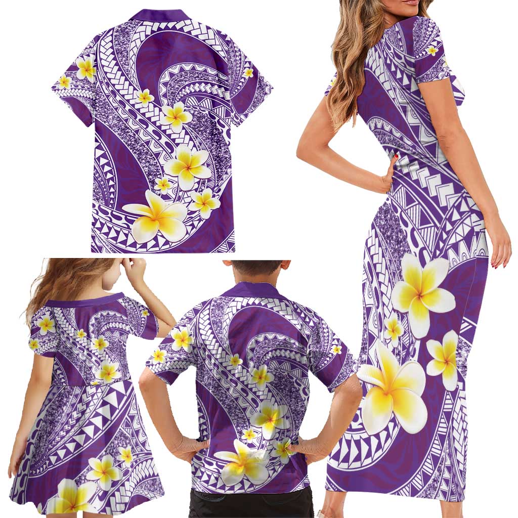 Plumeria Polynesian Purple Glitter Pattern Family Matching Short Sleeve Bodycon Dress and Hawaiian Shirt LT01 - Polynesian Pride