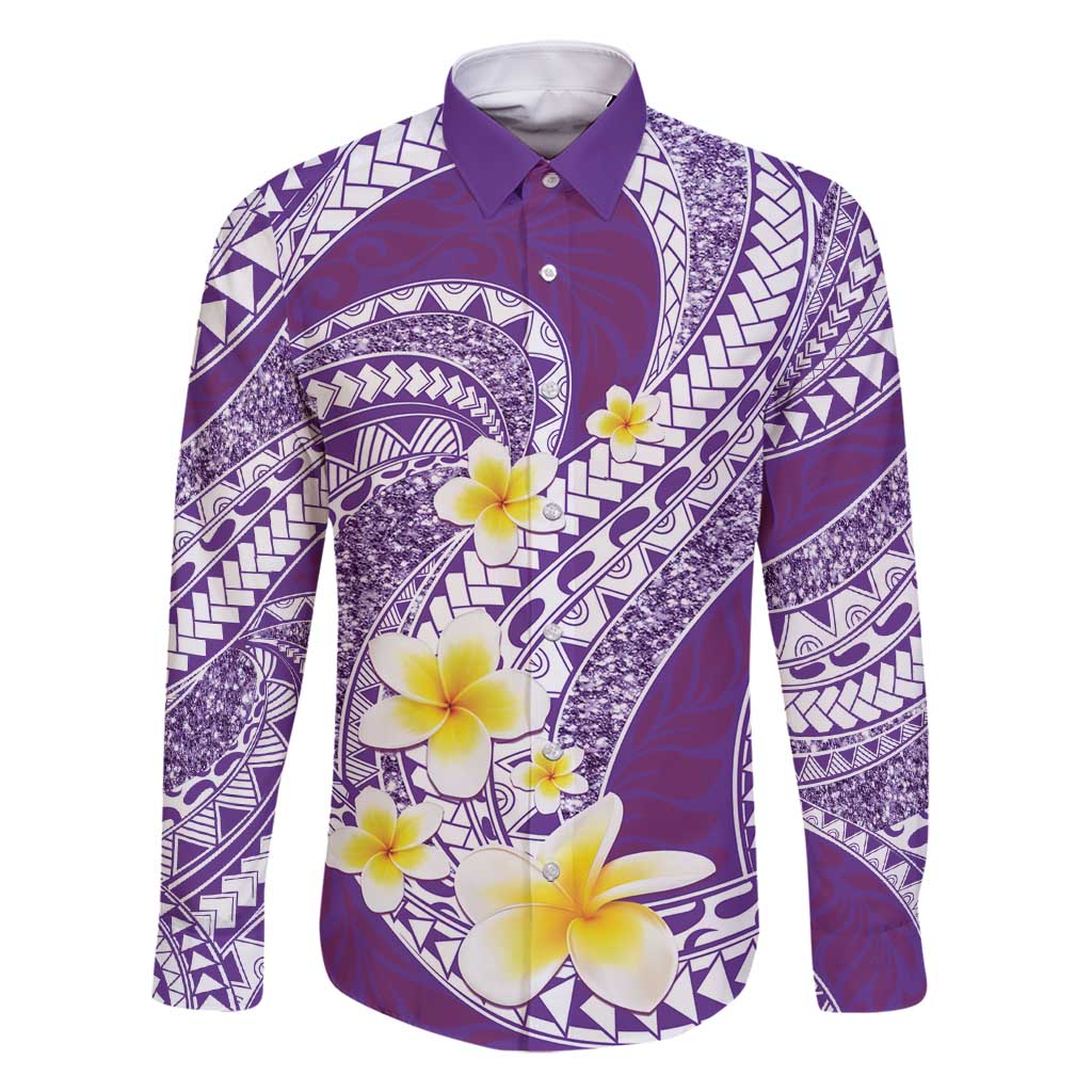 Plumeria Polynesian Purple Glitter Pattern Family Matching Summer Maxi Dress and Hawaiian Shirt LT01 Dad's Shirt - Long Sleeve Purple - Polynesian Pride