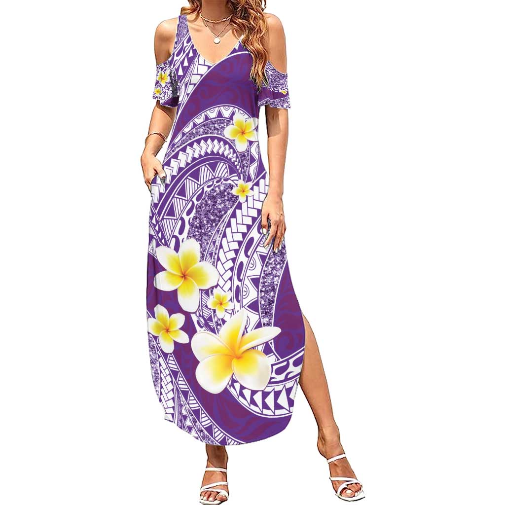 Plumeria Polynesian Purple Glitter Pattern Family Matching Summer Maxi Dress and Hawaiian Shirt LT01 Mom's Dress Purple - Polynesian Pride