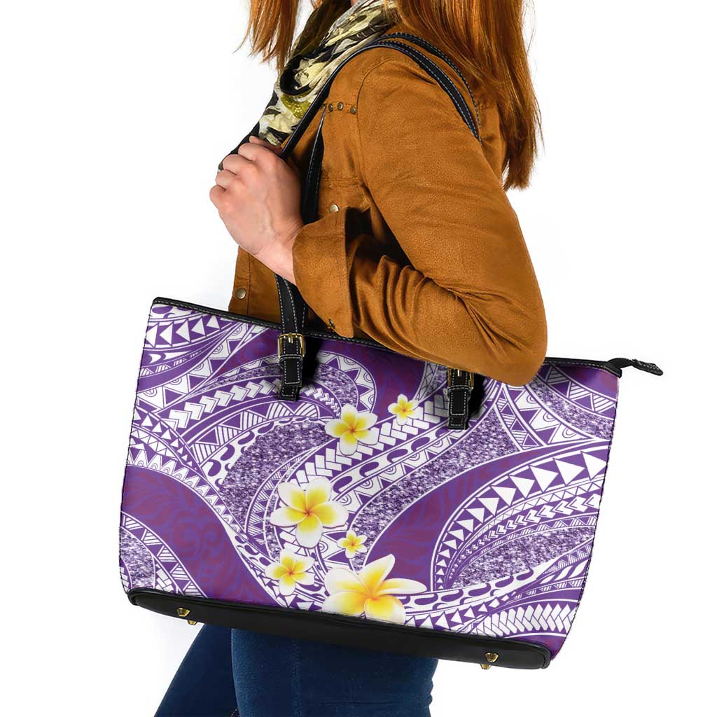 Plumeria Polynesian Purple Glitter Pattern Leather Tote Bag LT01 Purple - Polynesian Pride