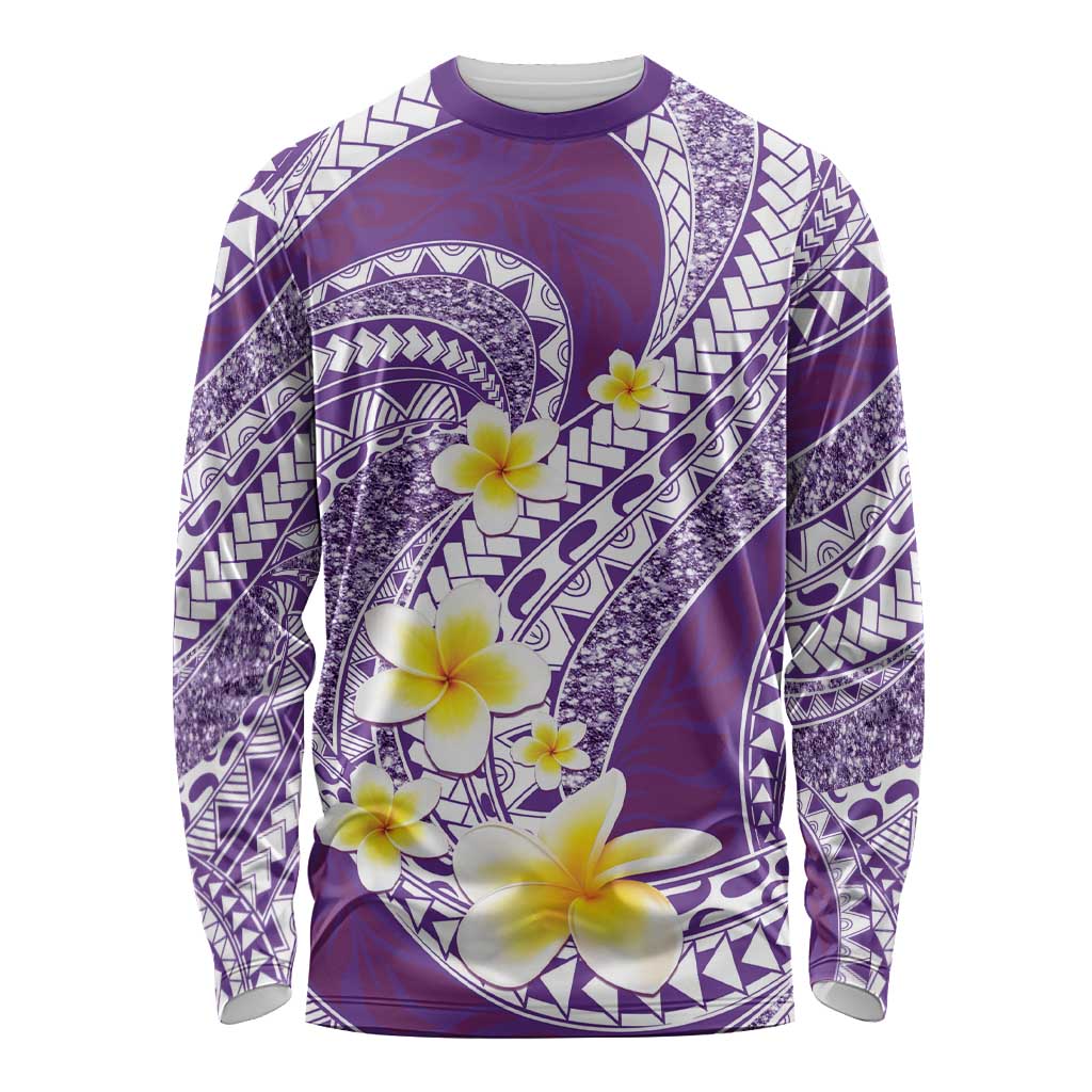 Plumeria Polynesian Purple Glitter Pattern Long Sleeve Shirt