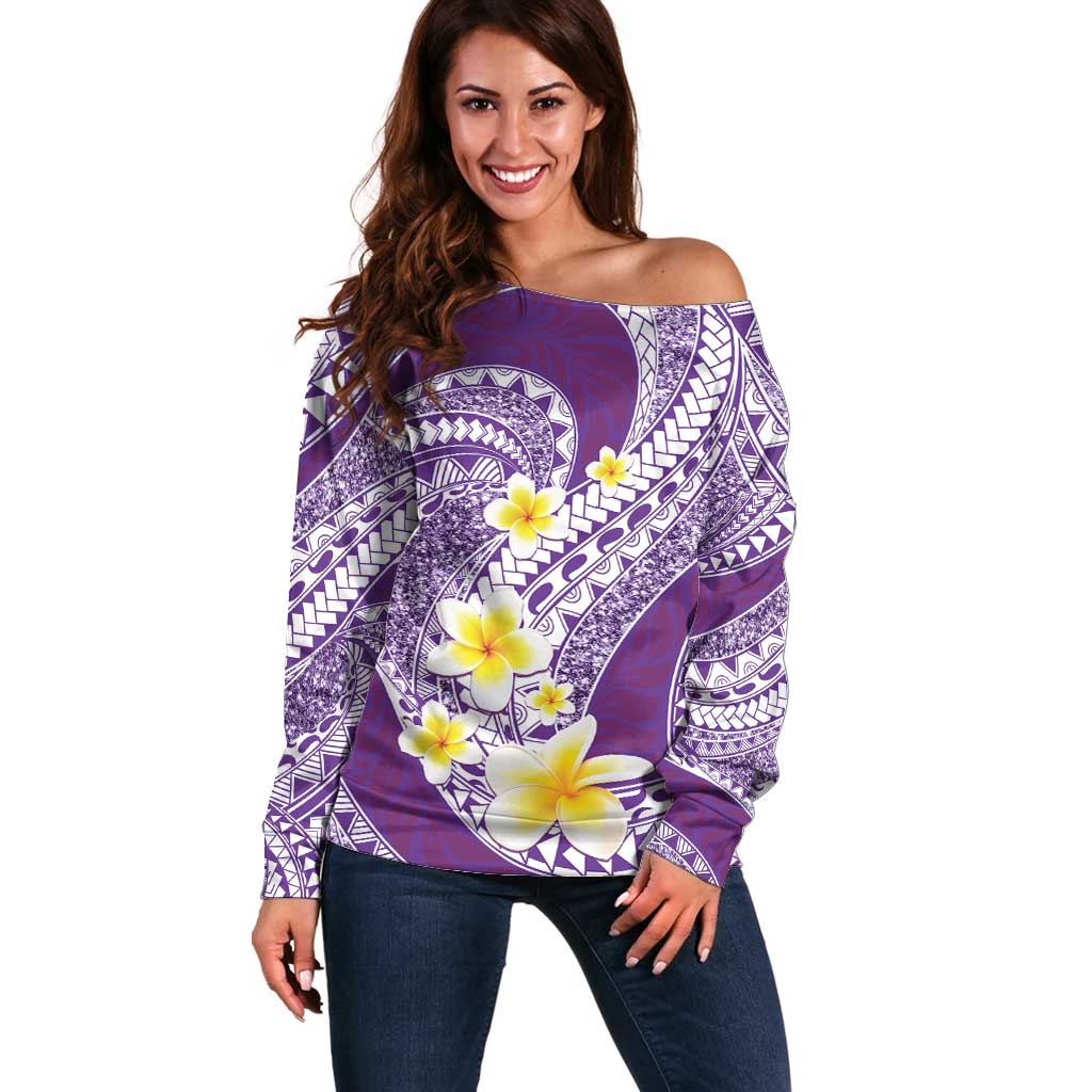 Plumeria Polynesian Purple Glitter Pattern Off Shoulder Sweater LT01 Women Purple - Polynesian Pride