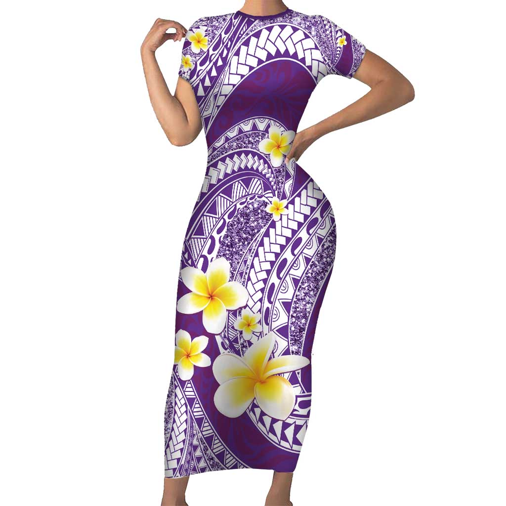 Plumeria Polynesian Purple Glitter Pattern Short Sleeve Bodycon Dress LT01 Long Dress Purple - Polynesian Pride