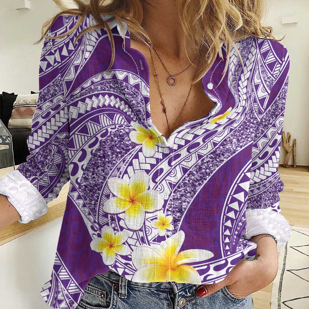 Plumeria Polynesian Purple Glitter Pattern Women Casual Shirt LT01 Female Purple - Polynesian Pride
