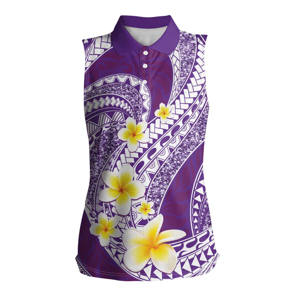Plumeria Polynesian Purple Glitter Pattern Women Sleeveless Polo Shirt LT01 Female Purple - Polynesian Pride