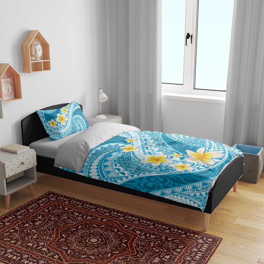 Plumeria Polynesian Sky Blue Glitter Pattern Bedding Set