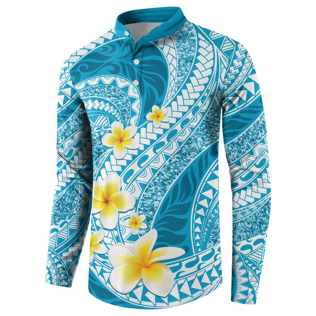 Plumeria Polynesian Sky Blue Glitter Pattern Button Sweatshirt