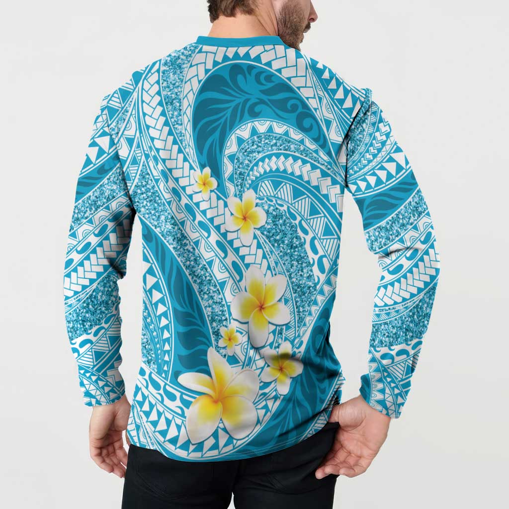 Plumeria Polynesian Sky Blue Glitter Pattern Button Sweatshirt
