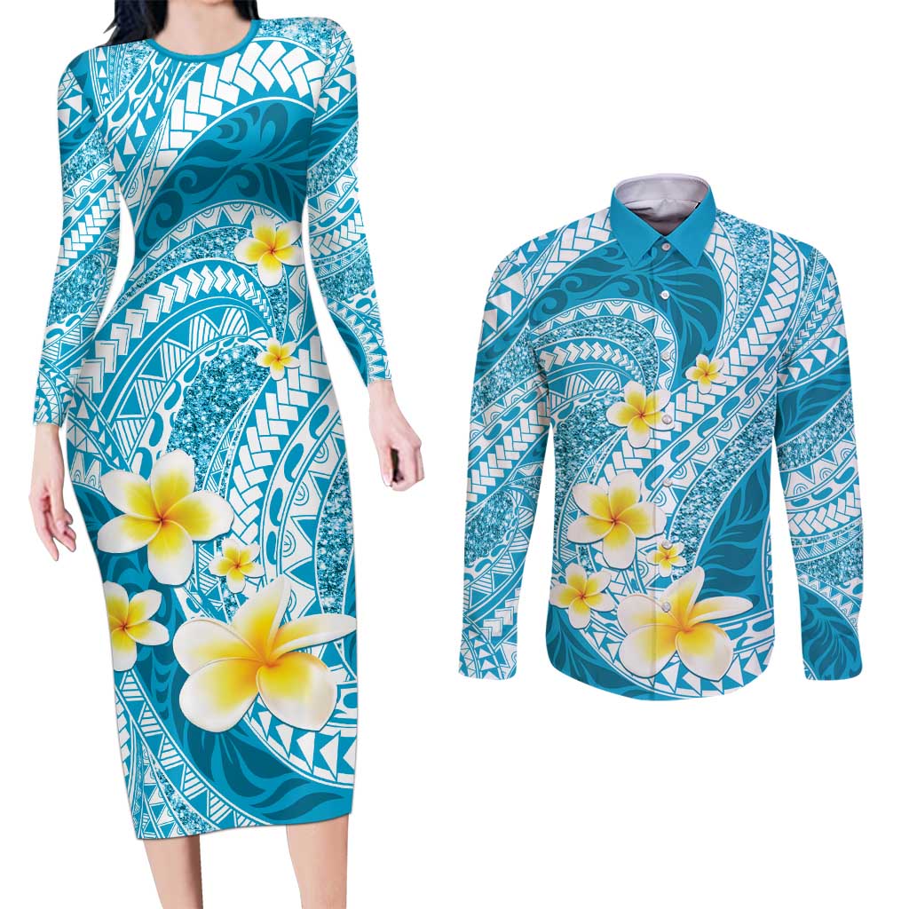 Plumeria Polynesian Sky Blue Glitter Pattern Couples Matching Long Sleeve Bodycon Dress and Long Sleeve Button Shirt LT01 Sky Blue - Polynesian Pride