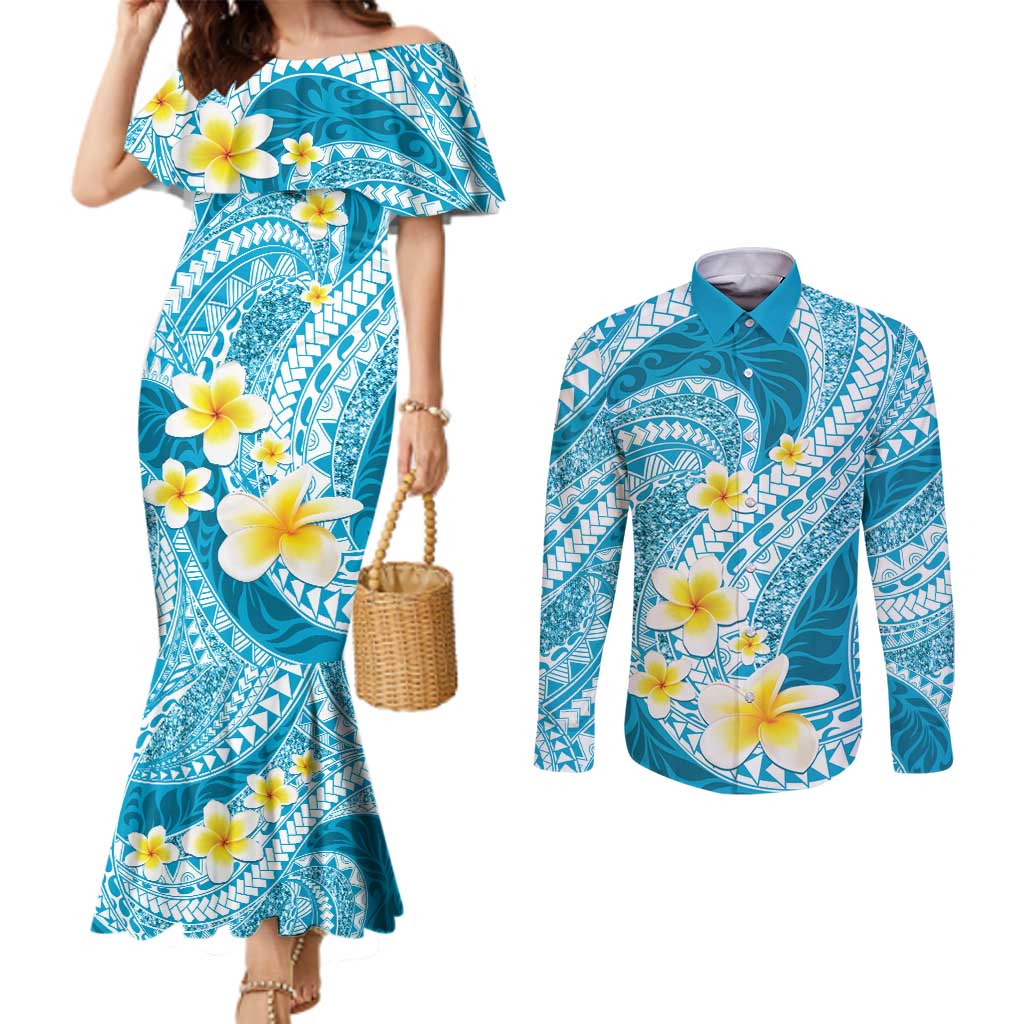 Plumeria Polynesian Sky Blue Glitter Pattern Couples Matching Mermaid Dress and Long Sleeve Button Shirt LT01 Sky Blue - Polynesian Pride