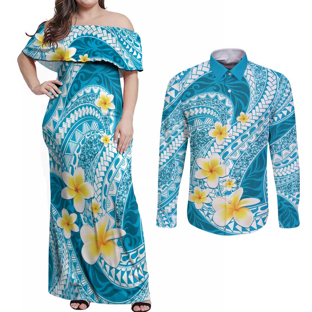 Plumeria Polynesian Sky Blue Glitter Pattern Couples Matching Off Shoulder Maxi Dress and Long Sleeve Button Shirt LT01 Sky Blue - Polynesian Pride