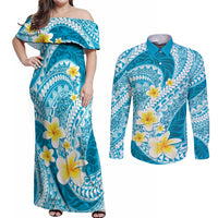 Plumeria Polynesian Sky Blue Glitter Pattern Couples Matching Off Shoulder Maxi Dress and Long Sleeve Button Shirt