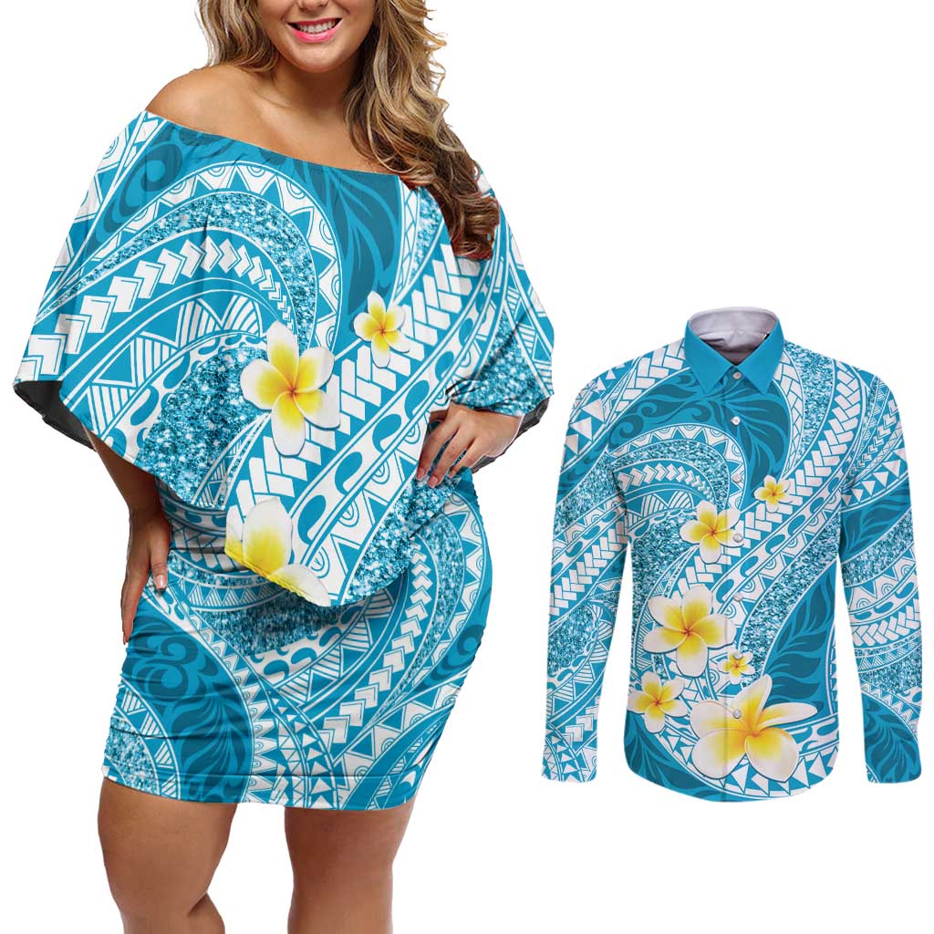 Plumeria Polynesian Sky Blue Glitter Pattern Couples Matching Off Shoulder Short Dress and Long Sleeve Button Shirt LT01 Sky Blue - Polynesian Pride