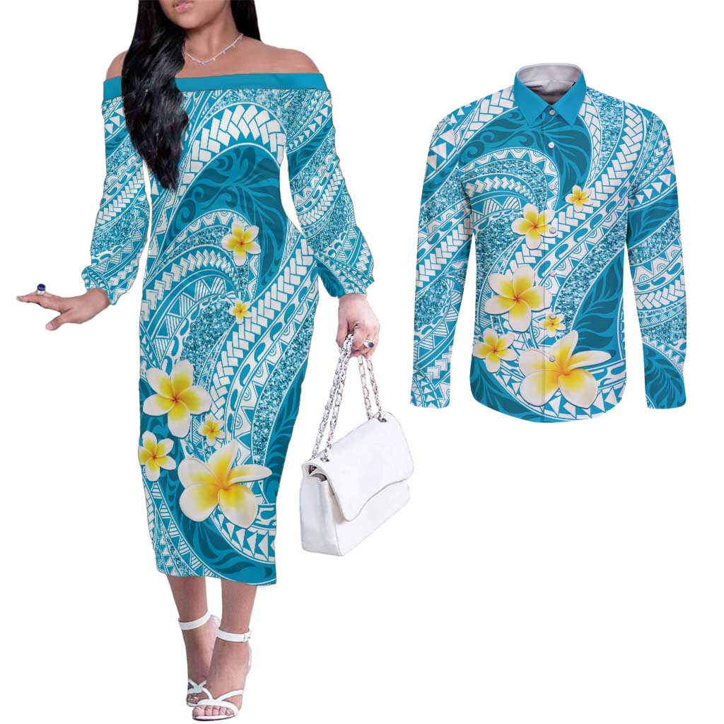 Plumeria Polynesian Sky Blue Glitter Pattern Couples Matching Off The Shoulder Long Sleeve Dress and Long Sleeve Button Shirt LT01 Sky Blue - Polynesian Pride