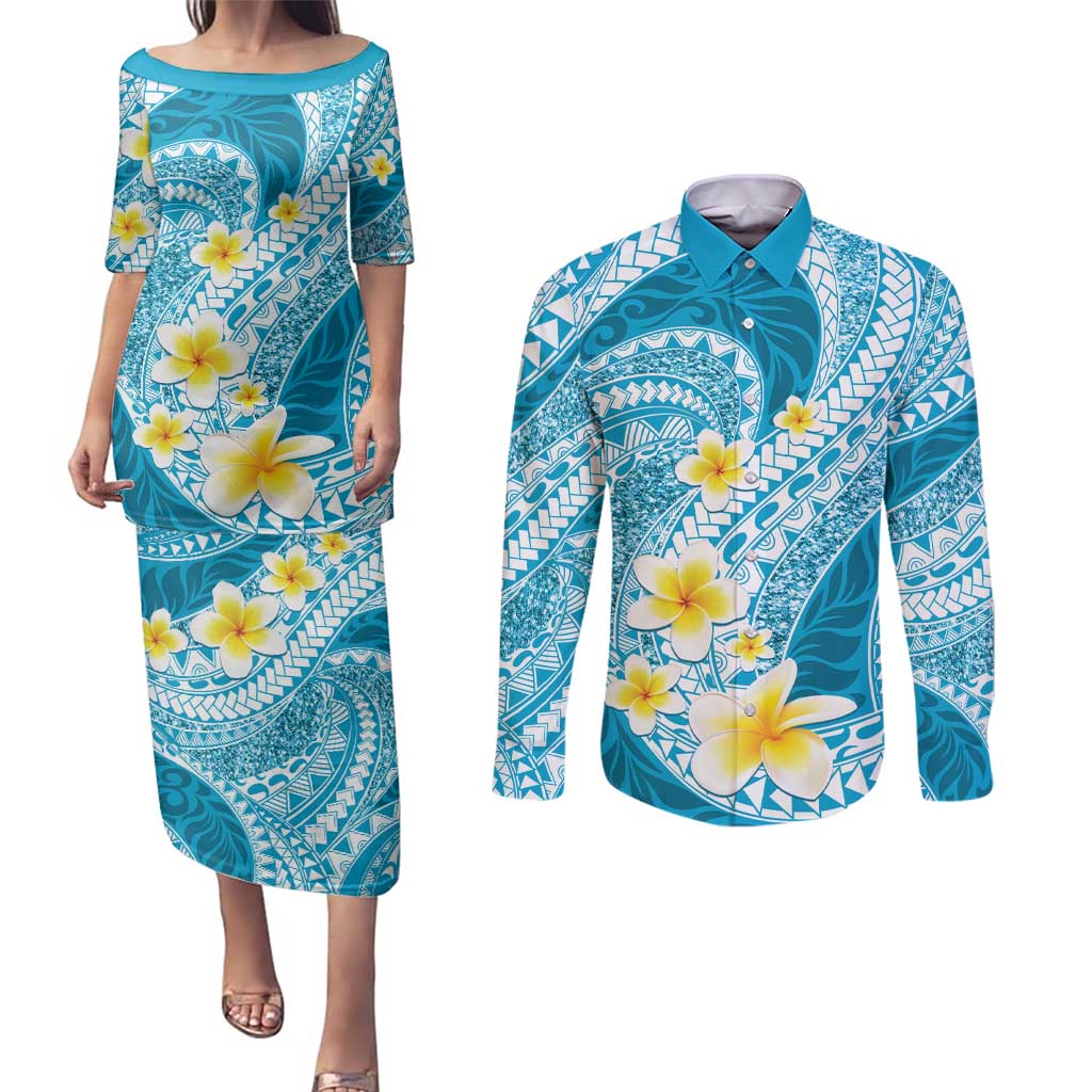Plumeria Polynesian Sky Blue Glitter Pattern Couples Matching Puletasi and Long Sleeve Button Shirt LT01 Sky Blue - Polynesian Pride