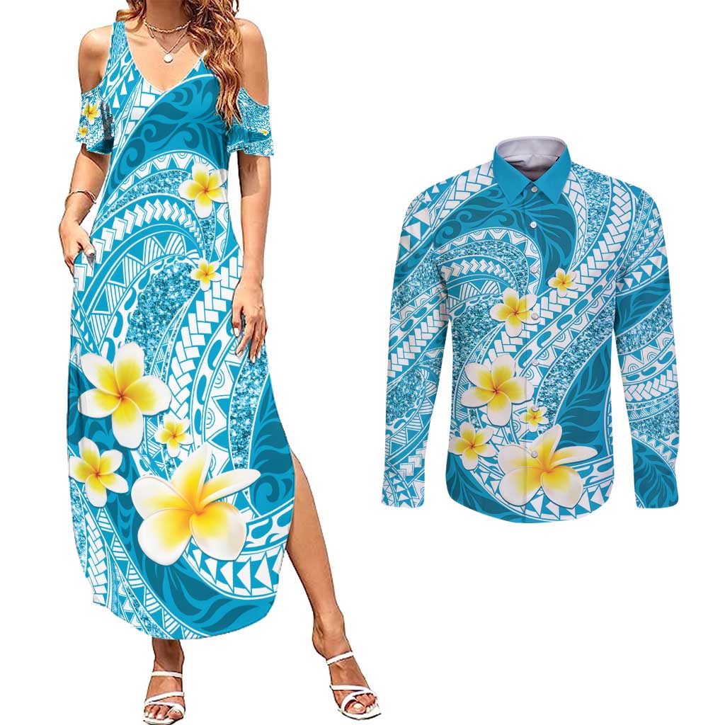 Plumeria Polynesian Sky Blue Glitter Pattern Couples Matching Summer Maxi Dress and Long Sleeve Button Shirt LT01 Sky Blue - Polynesian Pride