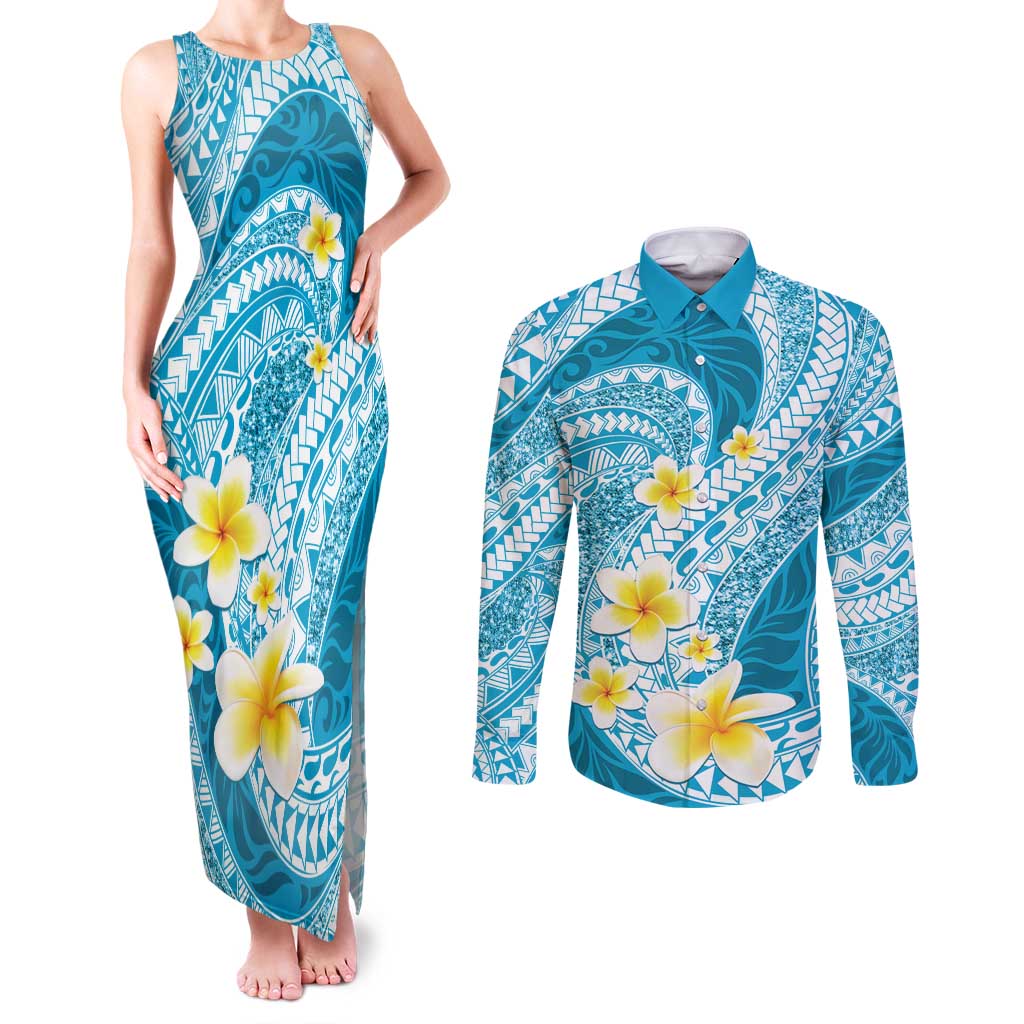 Plumeria Polynesian Sky Blue Glitter Pattern Couples Matching Tank Maxi Dress and Long Sleeve Button Shirt LT01 Sky Blue - Polynesian Pride