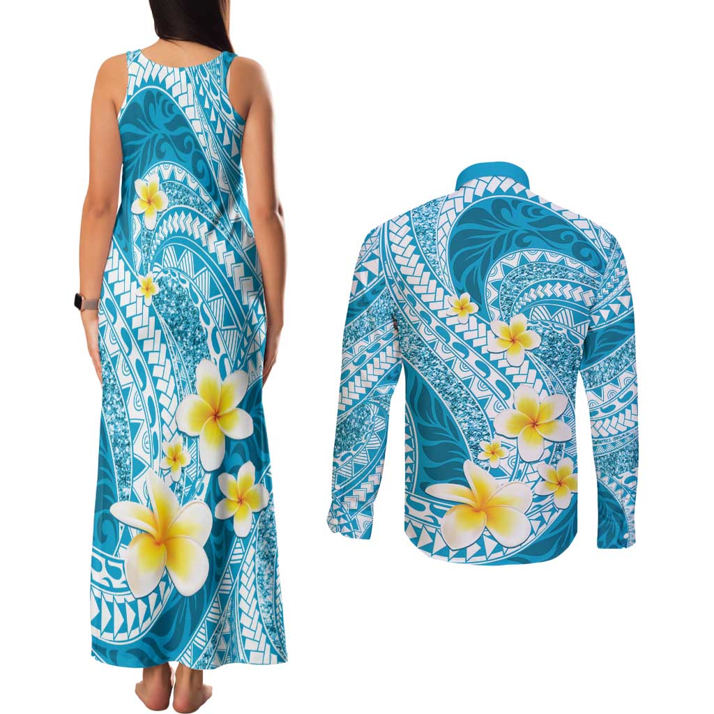 Plumeria Polynesian Sky Blue Glitter Pattern Couples Matching Tank Maxi Dress and Long Sleeve Button Shirt